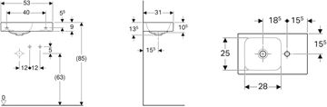 GEBERIT ICON umývadielko 53 cm, s otvorom pre batériu vpravo, bez prepadu, KeraTect 124053600 Technický nákres