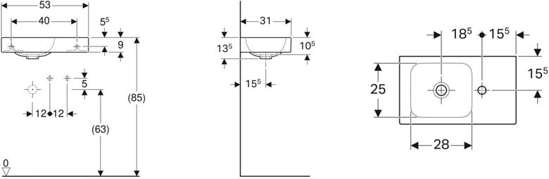 GEBERIT ICON umývadielko 53 cm, s otvorom pre batériu vpravo, bez prepadu, KeraTect 124053600 Technický nákres