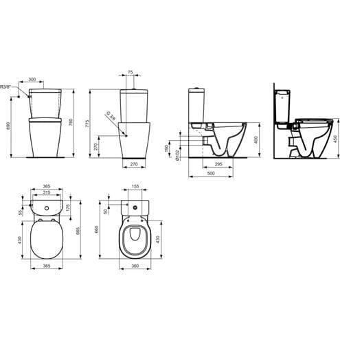 CONCEPT CUBE WC kombi misa, zadný odpad, alpská biela E794101 Technický nákres