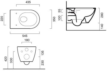 CONCEPT S závesné WC, so SoftClose sedadlom, Newflush splachovanie, Cataglaze VSF54RECSET Technický nákres