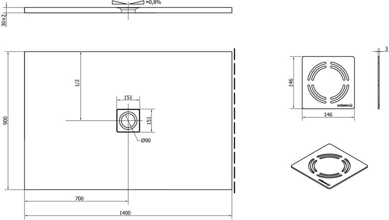 POLYSAN FLEXIA sprchová vanička 140x90 cm, liaty mramor, bez nožičiek 72897 Technický nákres