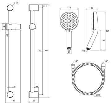 RAVAK 922.00 sprchová súprava 3-dielna, ručná sprcha pr. 118 mm, 3 prúdy, tyč, hadica, lesklý chróm X07S003 Technický nákres