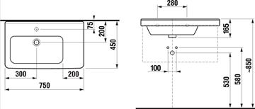 JIKA CUBITO PURE umývadlo 75 cm, s otvorom pre batériu a prepadom H8124220001041 Technický nákres