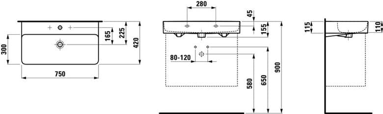 LAUFEN VAL umývadlo 75 cm, s otvorom pre batériu a prepadom H8102850001041 Technický nákres
