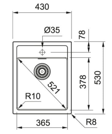 FRANKE SIRIUS SID 610-40 tectonitový drez 530x430 mm, otvor pre batériu, čierna 114.0503.041 Technický nákres
