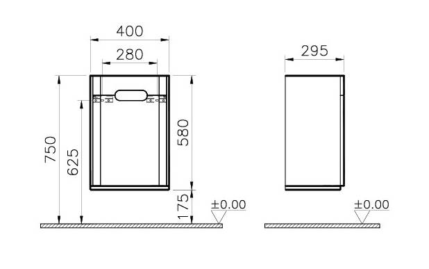VITRA SENTO nízka skrinka 40x29,5x58cm, 1 dvierka, pánty vpravo, antharcite mat 60878 Technický nákres