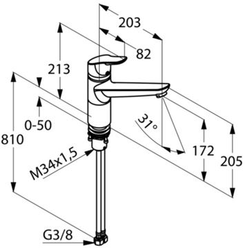 KLUDI OBJEKTA drezová batéria 203mm, stojančeková, páková, chróm 325780575 Technický nákres