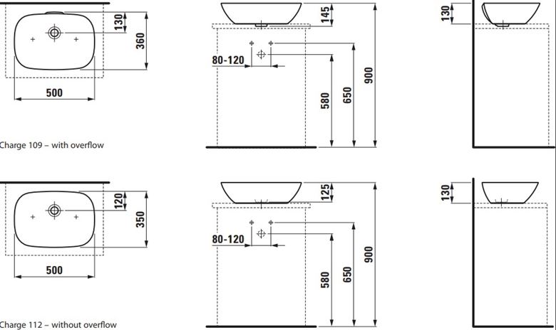 LAUFEN INO umývadlová misa 50 cm, s prepadom H8123020001121 Technický nákres