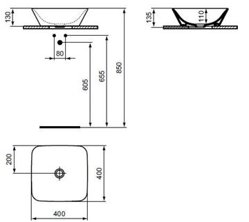 CONCEPT CUBE 2.0 umývadlová misa 40 cm, bez otvoru pre batériu, bez prepadu E078601 (E034701) Technický nákres