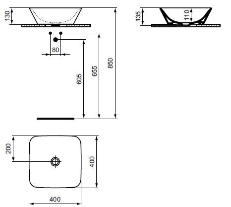 CONCEPT CUBE 2.0 umývadlová misa 40 cm, bez otvoru pre batériu, bez prepadu E078601 (E034701) Technický nákres