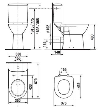 DEEP BY JIKA bezbariérová WC kombi misa, zadný odpad H8236160000001 Technický nákres