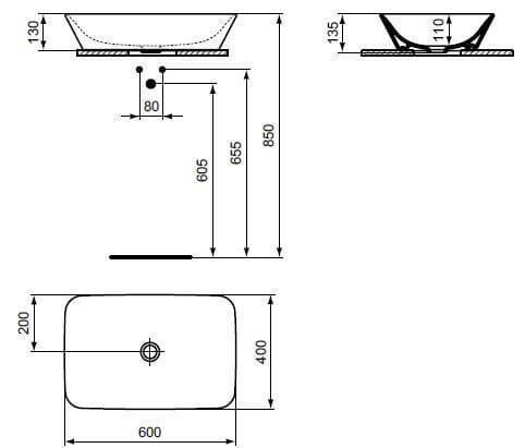 CONCEPT CUBE 2.0 umývadlová misa 60 cm, bez otvoru pre batériu, bez prepadu E078701 (E034801) Technický nákres