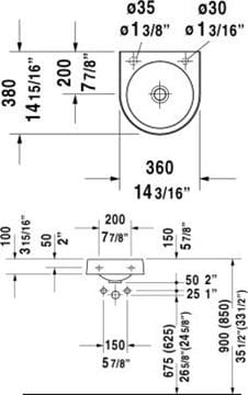 DURAVIT ARCHITEC umývadielko 36 cm, bez prepadu 0766350000 Technický nákres