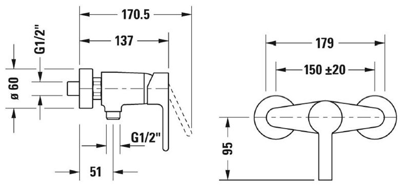 DURAVIT B.2 sprchová nástenná batéria, chróm B24230000010 Technický nákres