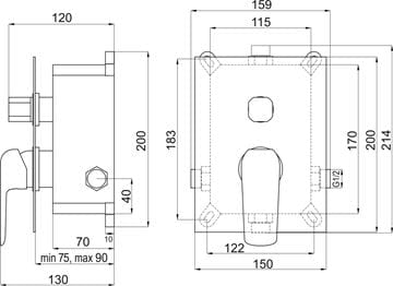 EASY PLUS NOBLESS podomietková batéria, pre 2 spotrebiče, s telesom, matná čierna EAPB051 Technický nákres