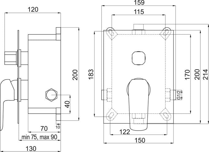 EASY PLUS NOBLESS podomietková batéria, pre 2 spotrebiče, s telesom, matná čierna EAPB051 Technický nákres
