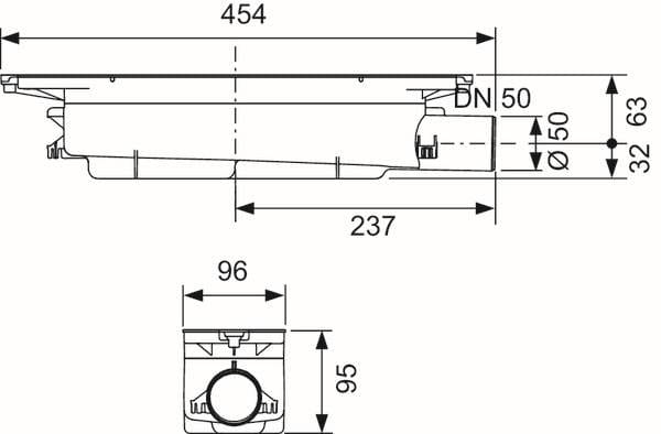 CONCEPT 300 sifón DN50, pre podlahový žľab, bočný odpad 676308 Technický nákres