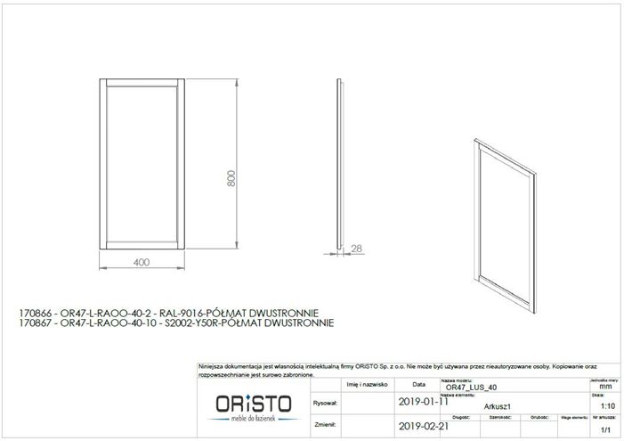 CONCEPT RETRO zrkadlo 40x80 cm OR47-L-RAOO-40-10 Technický nákres
