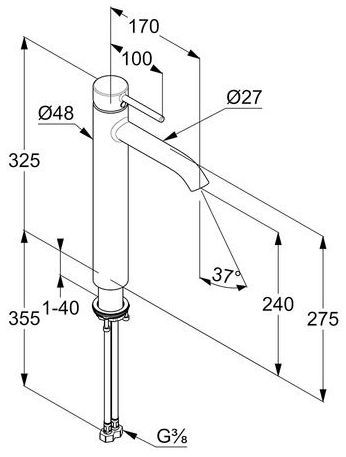 KLUDI BOZZ umývadlová stojanková batéria, matná čierna 382863976 Technický nákres