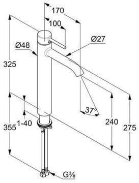 KLUDI BOZZ umývadlová stojanková batéria, matná čierna 382863976 Technický nákres