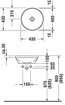 DURAVIT ARCHITEC umývadlo 40 cm, bez prepadu 0463400000 Technický nákres