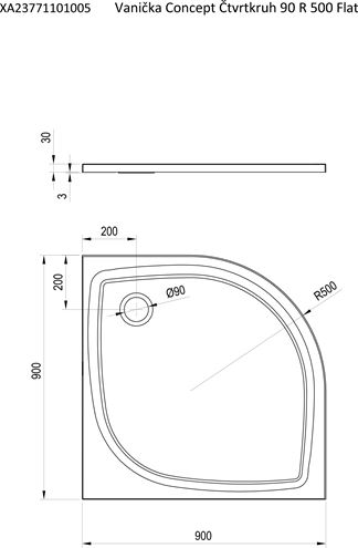 CONCEPT 100 sprchová vanička 90x90 cm, R500, liaty mramor, bez nožičiek XA23771101005 Technický nákres