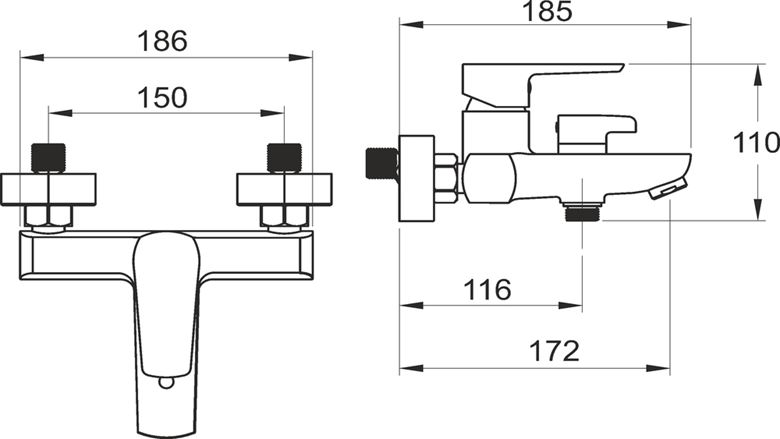 NOVASERVIS METALIA 58 vaňová nástenná batéria, s prepínačom, chróm 58020/1,0 Technický nákres
