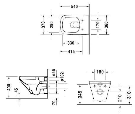 DURAVIT DURASTYLE závesné WC, so SoftClose sedadlom, Rimless splachovanie 45510900A1 Technický nákres
