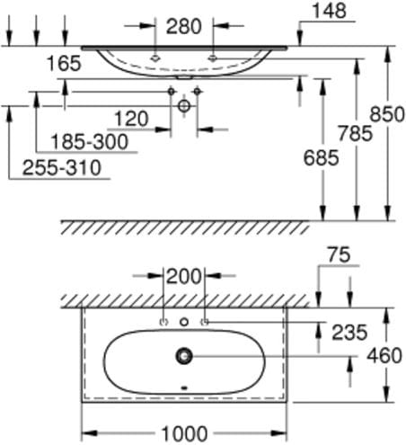 GROHE ESSENCE umývadlo 100 cm, s otvorom pre batériu a prepadom, PureGuard 3956600H Technický nákres
