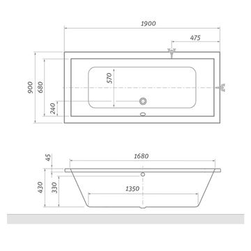 ROTH KUBIC vaňa 190x90 cm, bez nožičiek, akrylát 9390000 Technický nákres