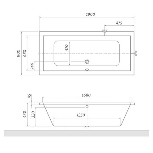 ROTH KUBIC vaňa 190x90 cm, bez nožičiek, akrylát 9390000 Technický nákres