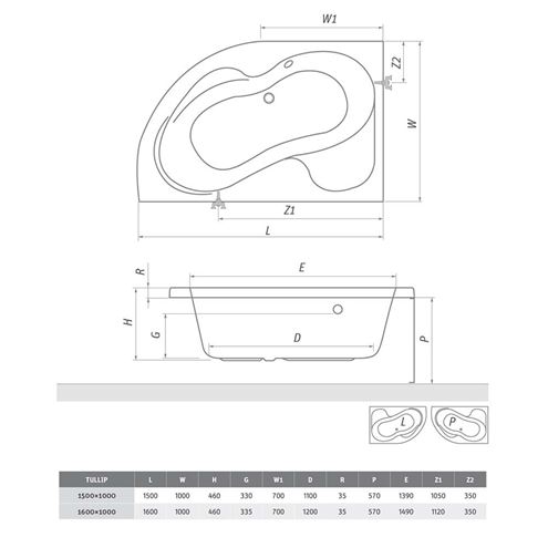 ROTH PROJECT TULLIP 160 rohová vaňa 160x100 cm, bez nožičiek, akrylát 5161000 Technický nákres