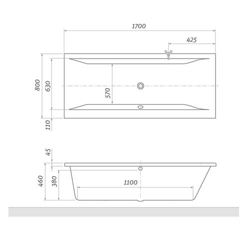 ROTH SAVONA 170 obdĺžniková vaňa 1700x800mm, bez nožičiek, akrylátová, biela 8970000 Technický nákres