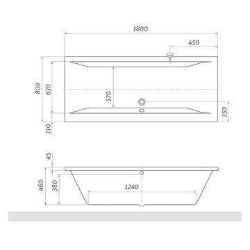 ROTH SAVONA 180 obdĺžniková vaňa 1800x800mm, bez nožičiek, akrylátová, biela 8980000 Technický nákres