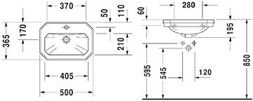 DURAVIT 1930 umývadielko 50 cm, s otvorom pre batériu a prepadom, WonderGliss 07855000001 Technický nákres