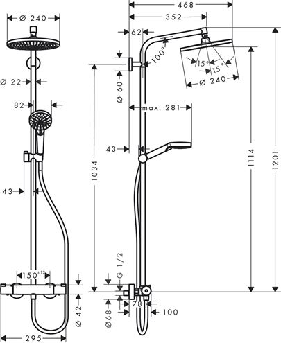 HANSGROHE CROMETTA S SHOWERPIPE 240 sprchový set s termostatickou batériou, horná sprcha, ručná sprcha s 2 prúdmi, tyč, hadica, EcoSmart, chróm 27268000 Technický nákres