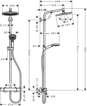 HANSGROHE CROMETTA S SHOWERPIPE 240 sprchový set s termostatickou batériou, horná sprcha, ručná sprcha s 2 prúdmi, tyč, hadica, EcoSmart, chróm 27268000 Technický nákres
