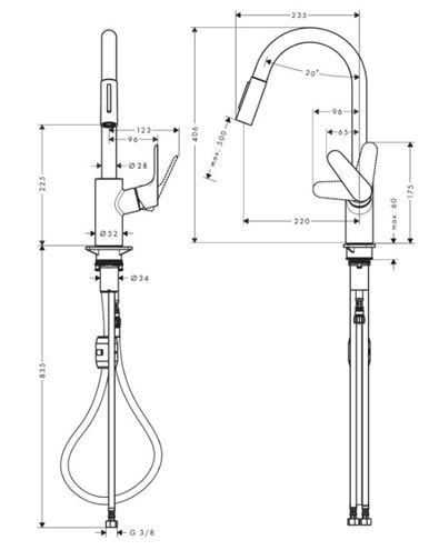 HANSGROHE FOCUS drezová batéria, s vyťahovacou sprškou, matná čierna 31815670 Technický nákres