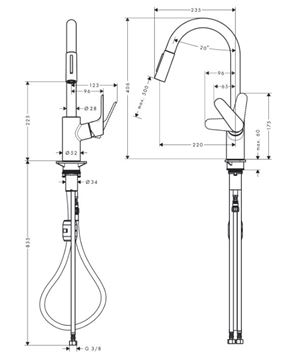 HANSGROHE FOCUS drezová batéria, s vyťahovacou sprškou, matná čierna 31815670 Technický nákres