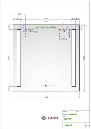 AMIRRO LUMINA SENZOR LED zrkadlo 70x70 cm, s osvetlením, so senzorom 901-480 Technický nákres