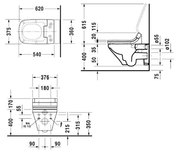 DURAVIT DURASTYLE závesné WC pre bidetové sedadlo SensoWash, Rimless splachovanie, Wondergliss 25425900001 Technický nákres