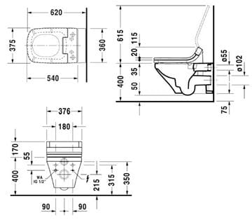DURAVIT DURASTYLE závesné WC pre bidetové sedadlo SensoWash, Rimless splachovanie, Wondergliss 25425900001 Technický nákres