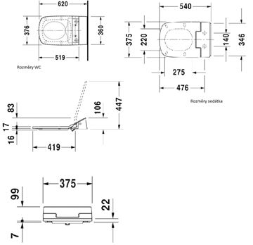 DURAVIT SENSOWASH SLIM závesné WC, s bidetovým sedátkom, SoftClose, Rimless 631001002004300 Technický nákres