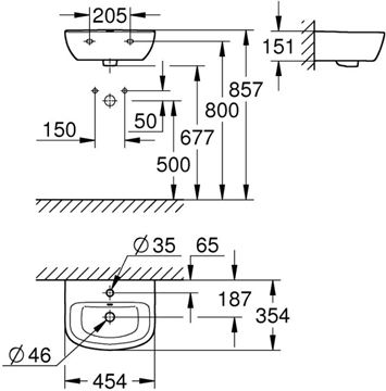 GROHE BAU CERAMIC umývadlo 45 cm, s otvorom pre batériu a prepadom 39424000 Technický nákres