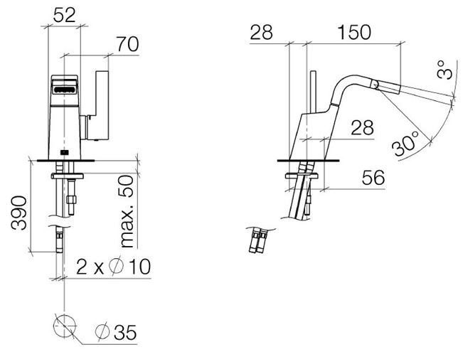 DORNBRACHT CL.1 bidetová stojanková batéria, chróm 33 600 705-00 Technický nákres