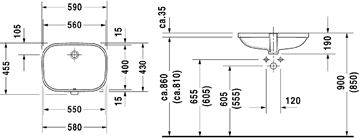 DURAVIT D-CODE umývadlo 56 cm, s prepadom 0338560000 Technický nákres