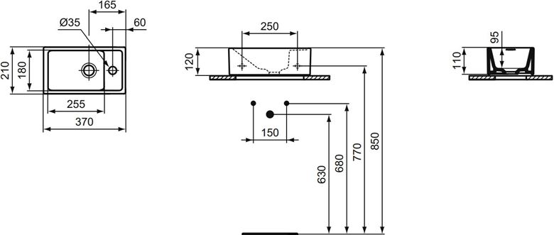 IDEAL STANDARD TEMPO umývadielko 37 cm, s otvorom pre batériu vľavo, bez prepadu E211301 Technický nákres
