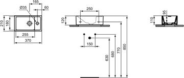 IDEAL STANDARD TEMPO umývadielko 37 cm, s otvorom pre batériu vľavo, bez prepadu E211301 Technický nákres