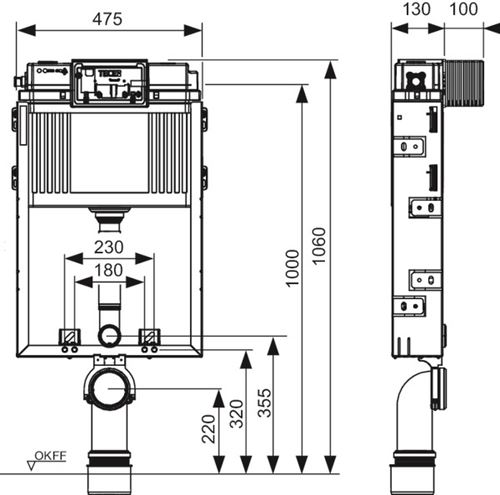 TECE BOX UNI TECE BOX montážny prvok pre WC 106 cm, so splachovacou nádržkou Uni 9370300 Technický nákres
