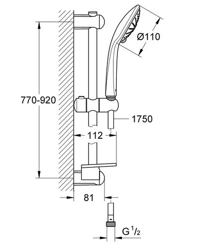 GROHE EUPHORIA 110 MASSAGE sprchová súprava 4-dielna, ručná sprcha pr. 110 mm, 3 prúdy, tyč, hadica, polička, kartáčovaný hard graphite 27226AL1 Technický nákres